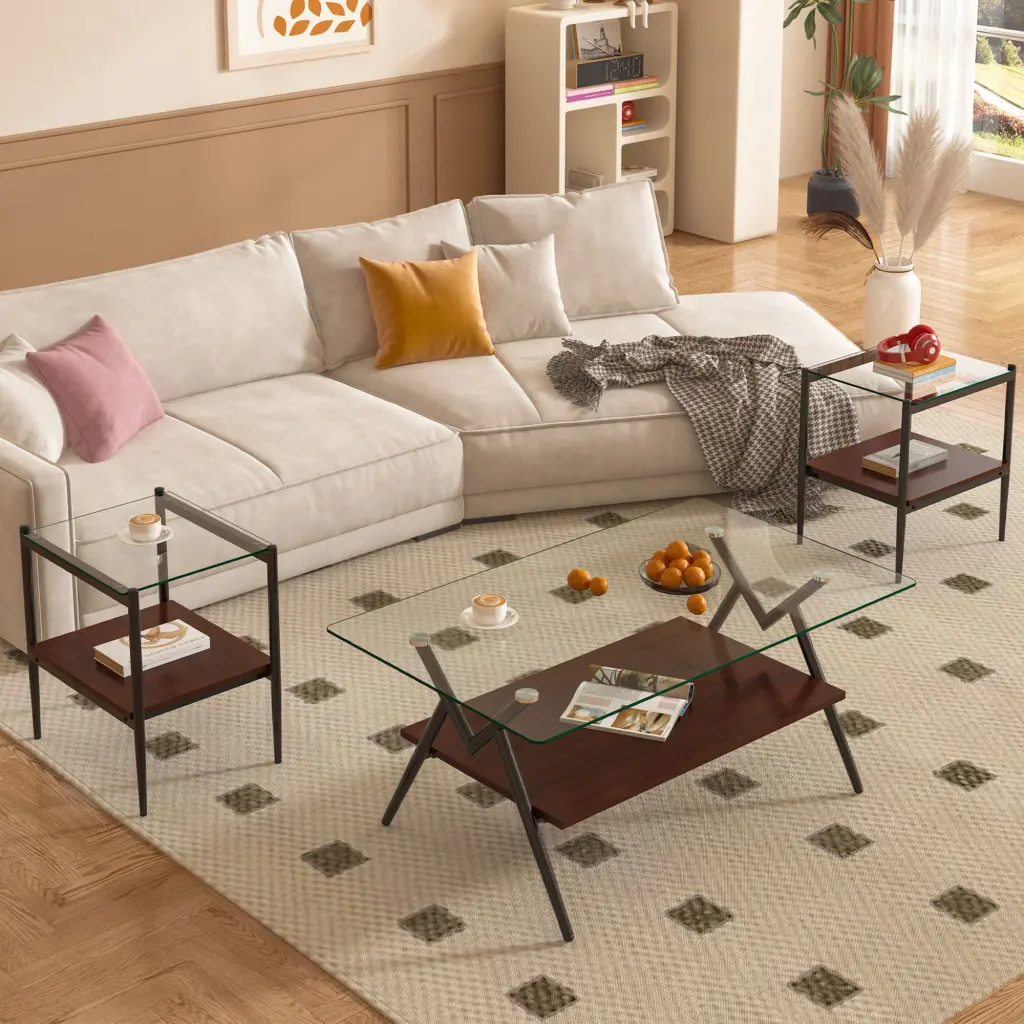 Coffee Table and End Tables Set 3 Tempered Glass MDF Top jws-w241