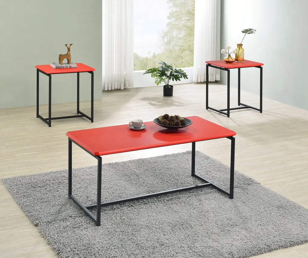 GT 3 Piece Red Carbon Fiber Wrap Coffee Table and End Table Set - Modern Living Room lilola home