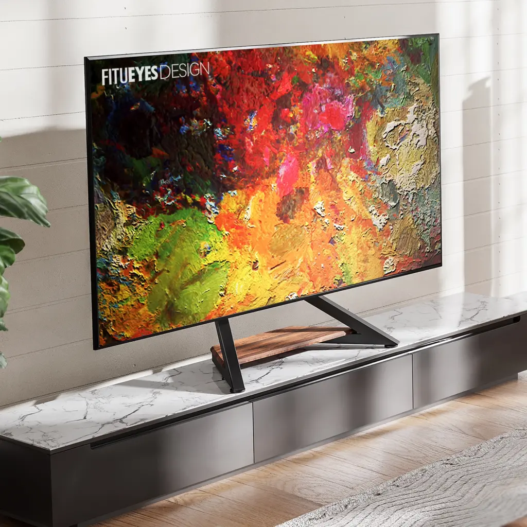 FITUEYES Universal Swivel Tabletop TV Stand 55 to 86 Inch LED TVs - Walnut Wood Base Holds 110lbs