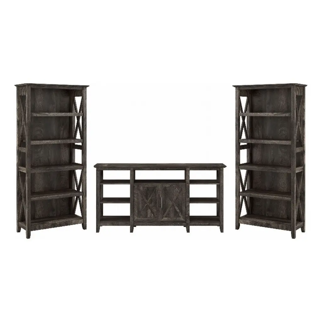 Pemberly Row Tall TV Stand Bookcases Dark Gray Hickory Engineered Wood