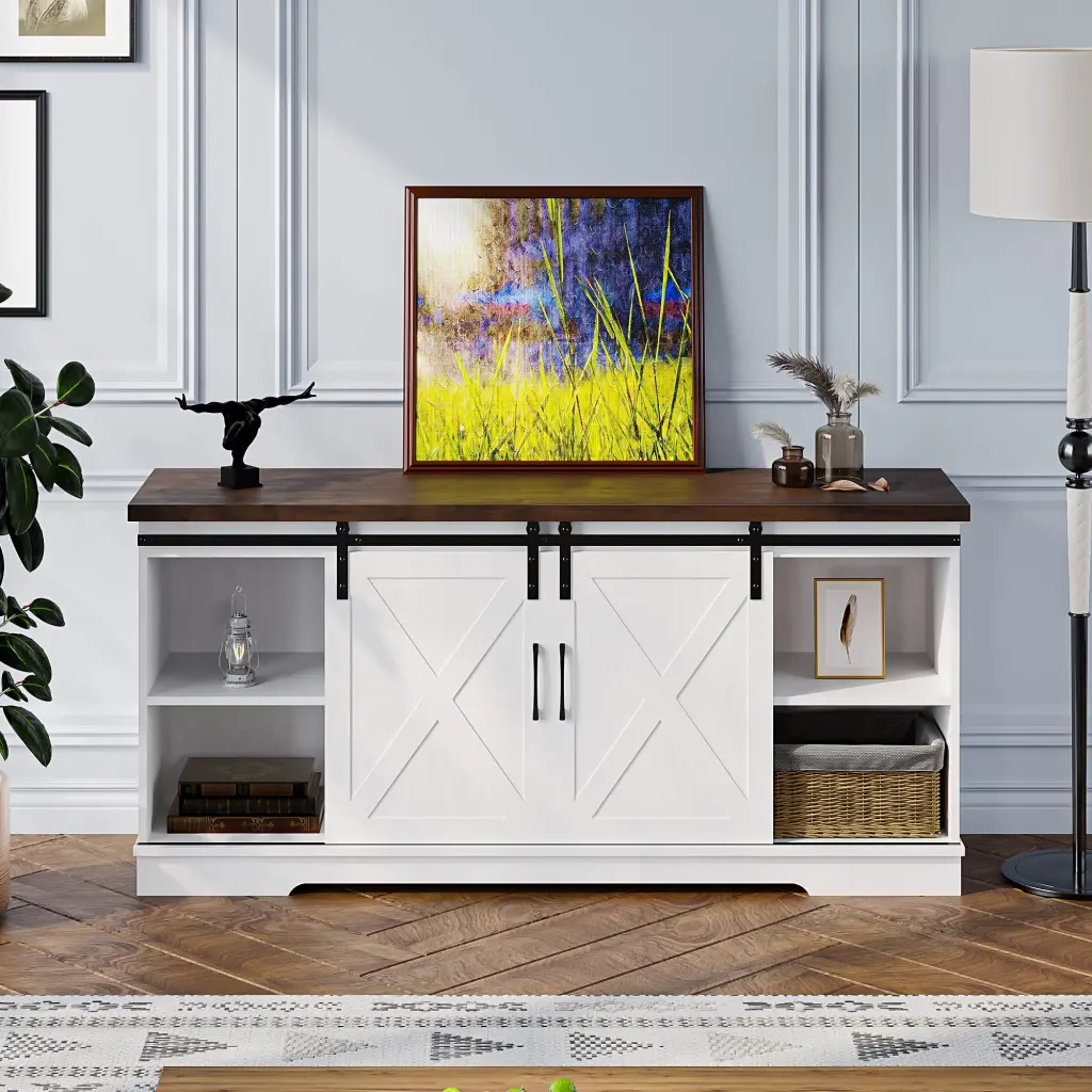 Farmhouse TV Stand 65 Inch TV Storage and Barn Doors White Modern Entertainment Center Tropow