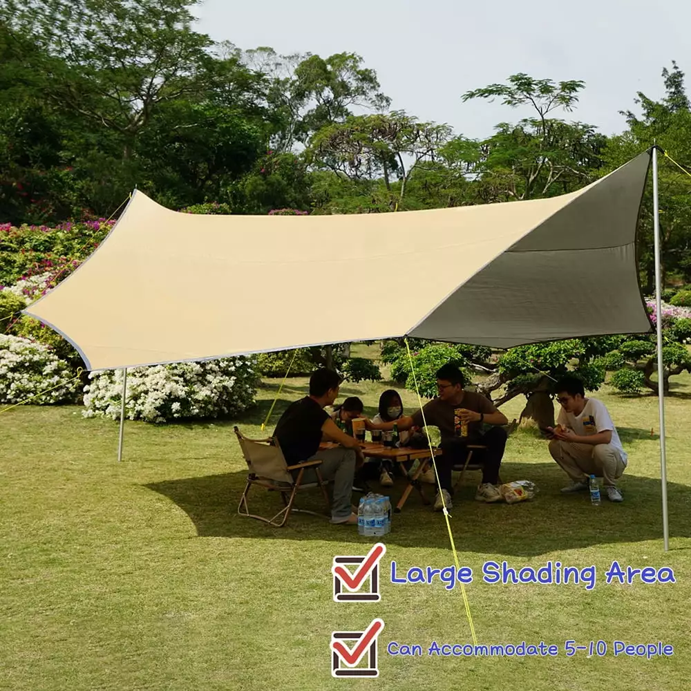 16x16ft Large Camping Tarp Waterproof Shade Awning Tent Sunshade Khaki Camping Sun Shelters Without Pole