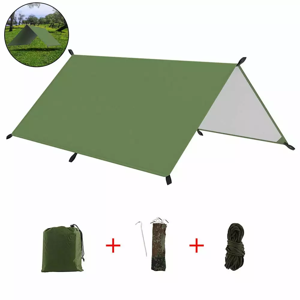 Pluokvzr 300cm x 300cm Lightweight Hammock Rain Fly Tent Tarp Floor Nail & Rope Camping Outdoor Travel