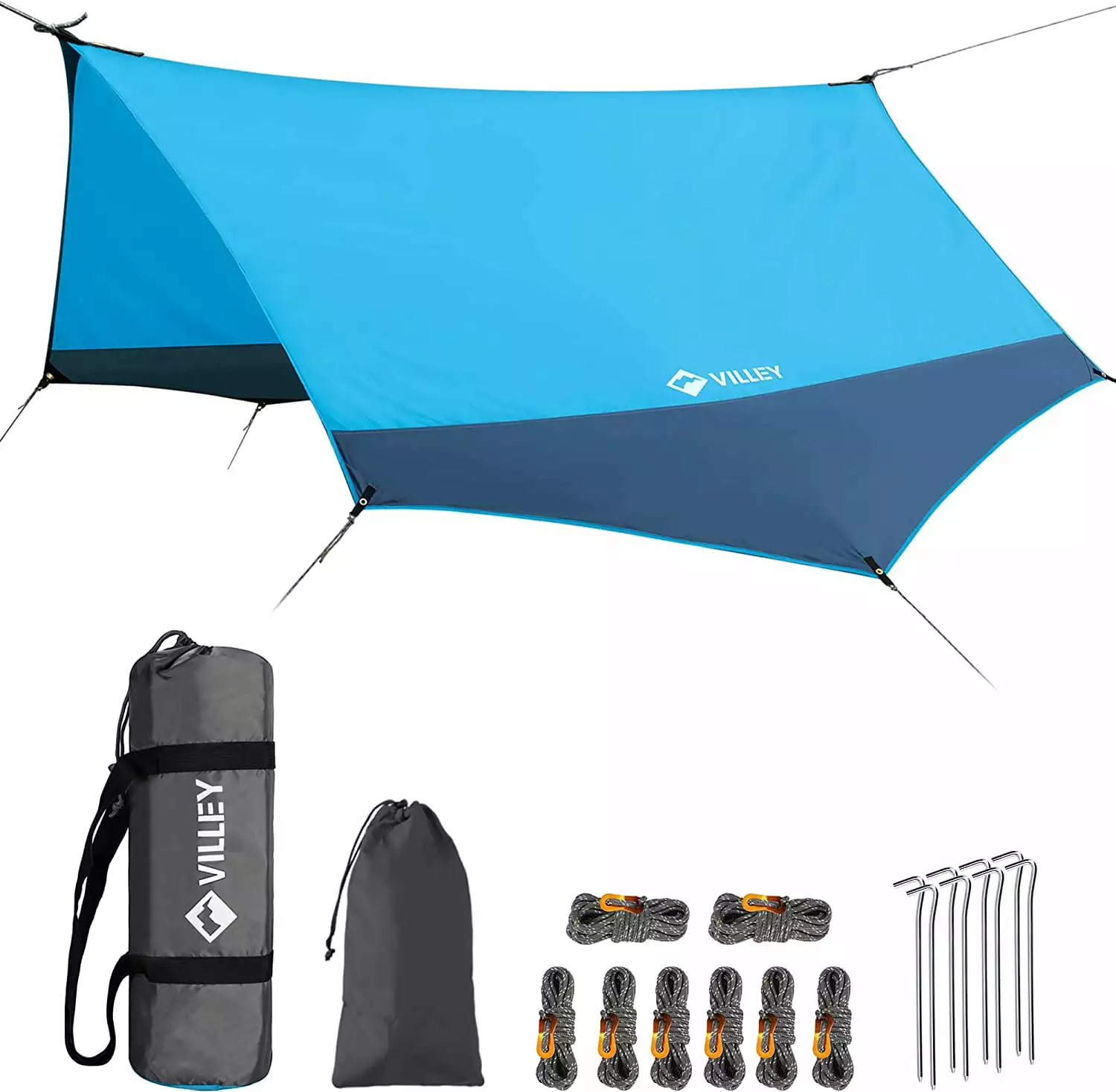 VILLEY Waterproof Hammock Tent Rain Fly Octagonal Camping Tarp Stakes Ropes and Carry Bag Blue