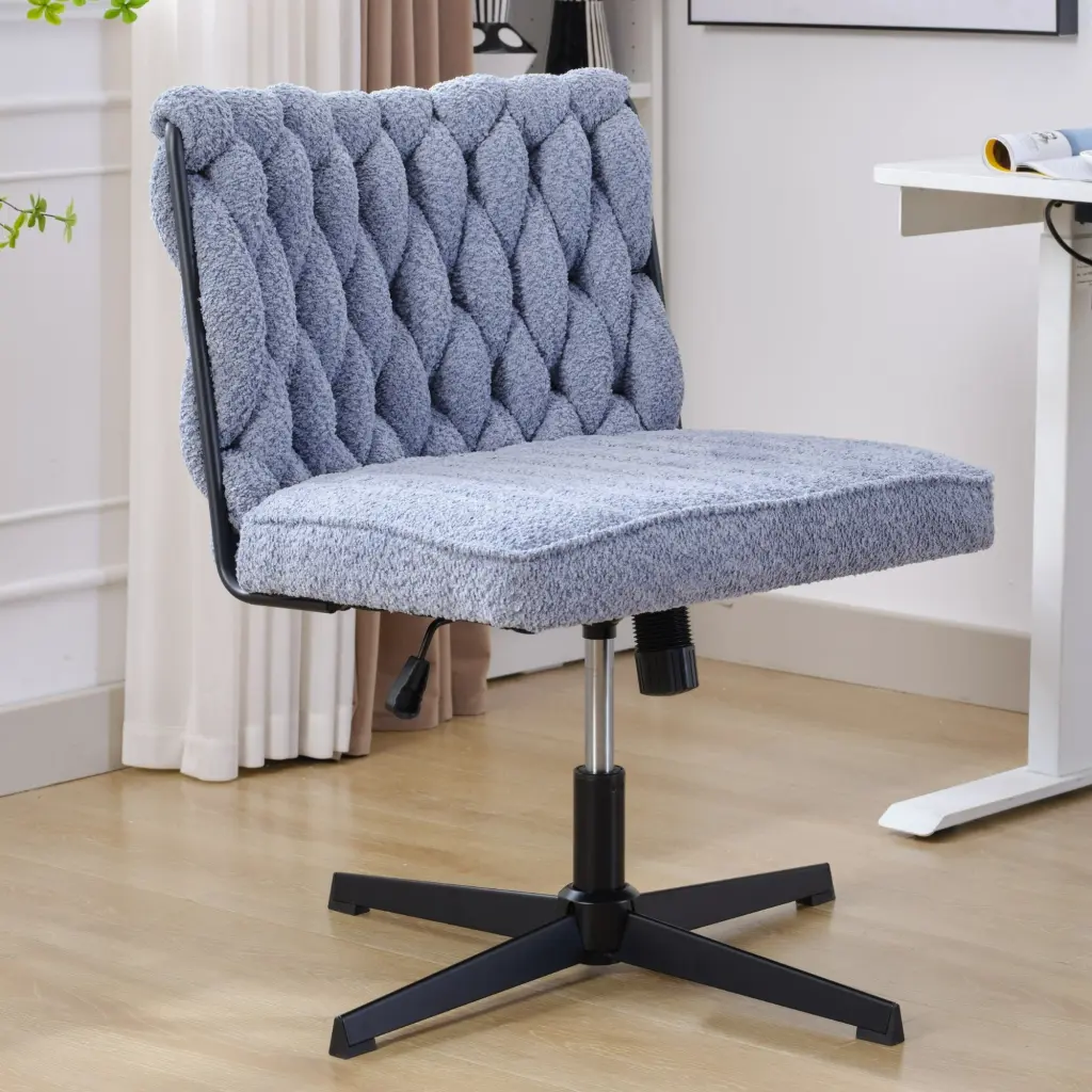 Blue Armless Office Desk Chair No Wheels Polyester Blend Foam Seat Ergonomic Design rnb