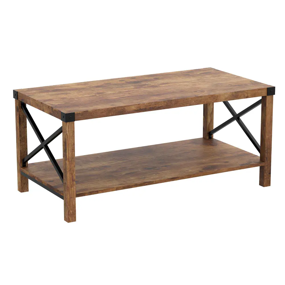 Reclaimed Taupe Wood Look Coffee Table Black Metal Sides, 39.5" x 19.75" x 17.75"