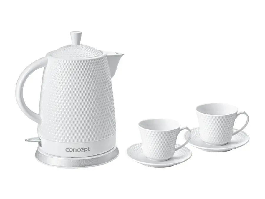 Concept RK0040 Porcelain Kettle Electric + 2 Cups + 2 Saucers Teacup Set Auto Shut Off 1.5 L 1500 W