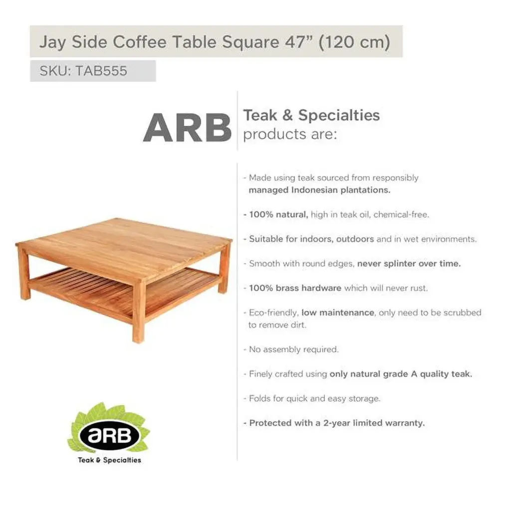 ARB TEAK TAB581 Teak Coffee Table Shelf Jay Square 40 Inch ARB Teak & Specialties