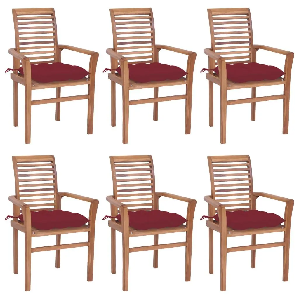Dining Chairs 6 pcs Wine Red Cushions Solid Teak Wood Kitchen Furniture