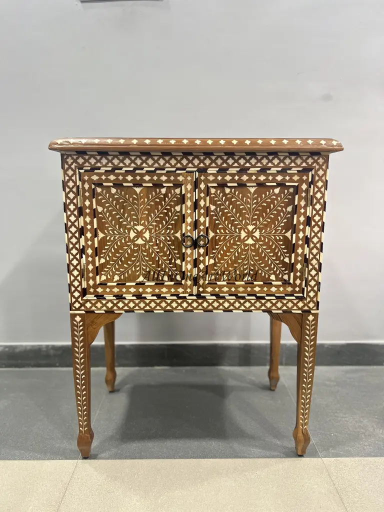 Natural Teak Bone Inlay Nightstand Teakwood Bone Inlay Bedside Table Luxury Handicrafts