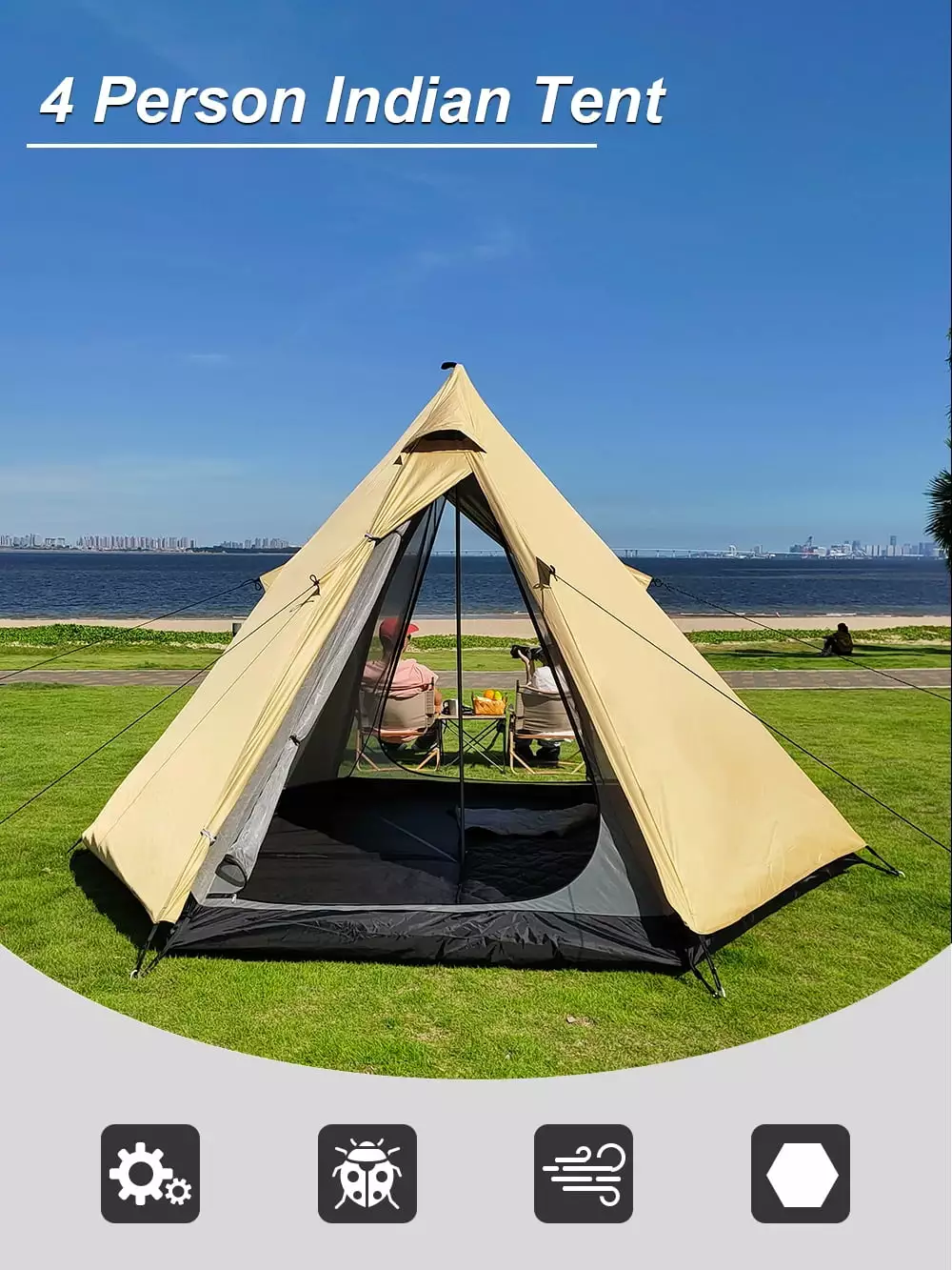 4 Person Tents Camping Double Layers Waterproof Pyramid Tent Hiking Teepee Backpacking Tents