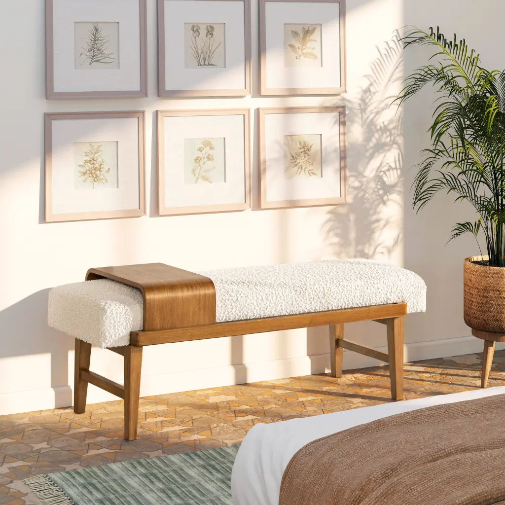 Billie 52 Inch Modern Telephone Bench Sliding Shelf Ivory White Boucle Fabric Entryway Storage jennifer taylor home