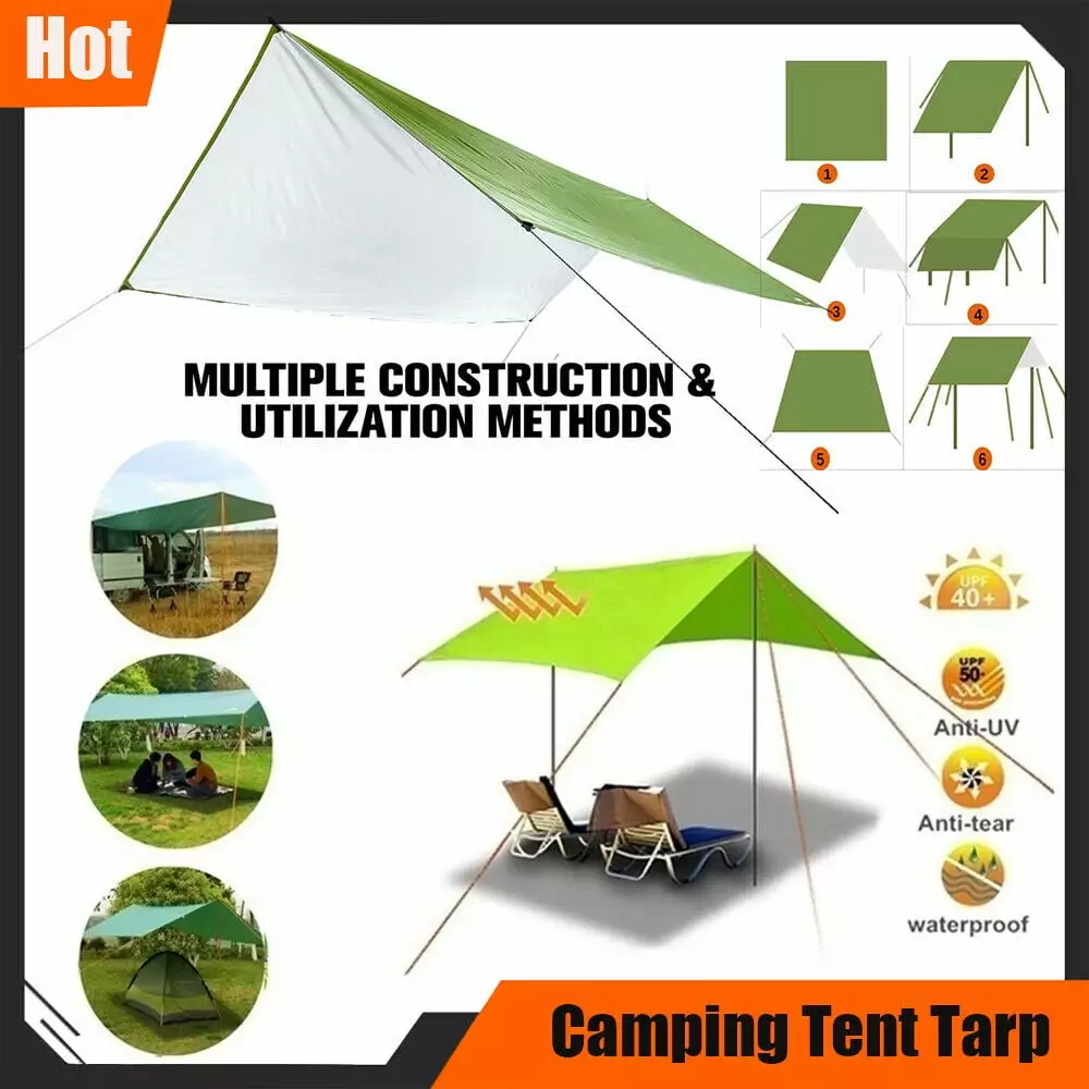 5x7ft Camping Tent Cover Tarp Sun Shade Hammock Protector Oxford Fabric Waterproof Anti-UV Shelter Green