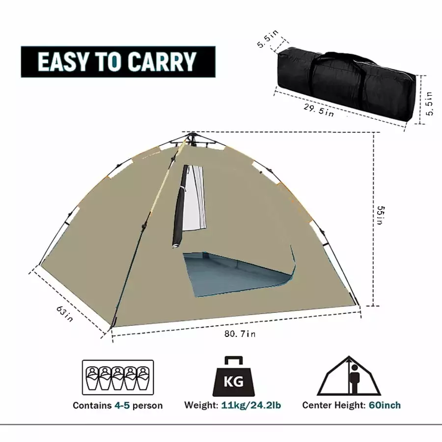Camping Dome Tent 2/3/4/5 People Portable Easy Set Up Waterproof Spacious Backpack Tent 210d