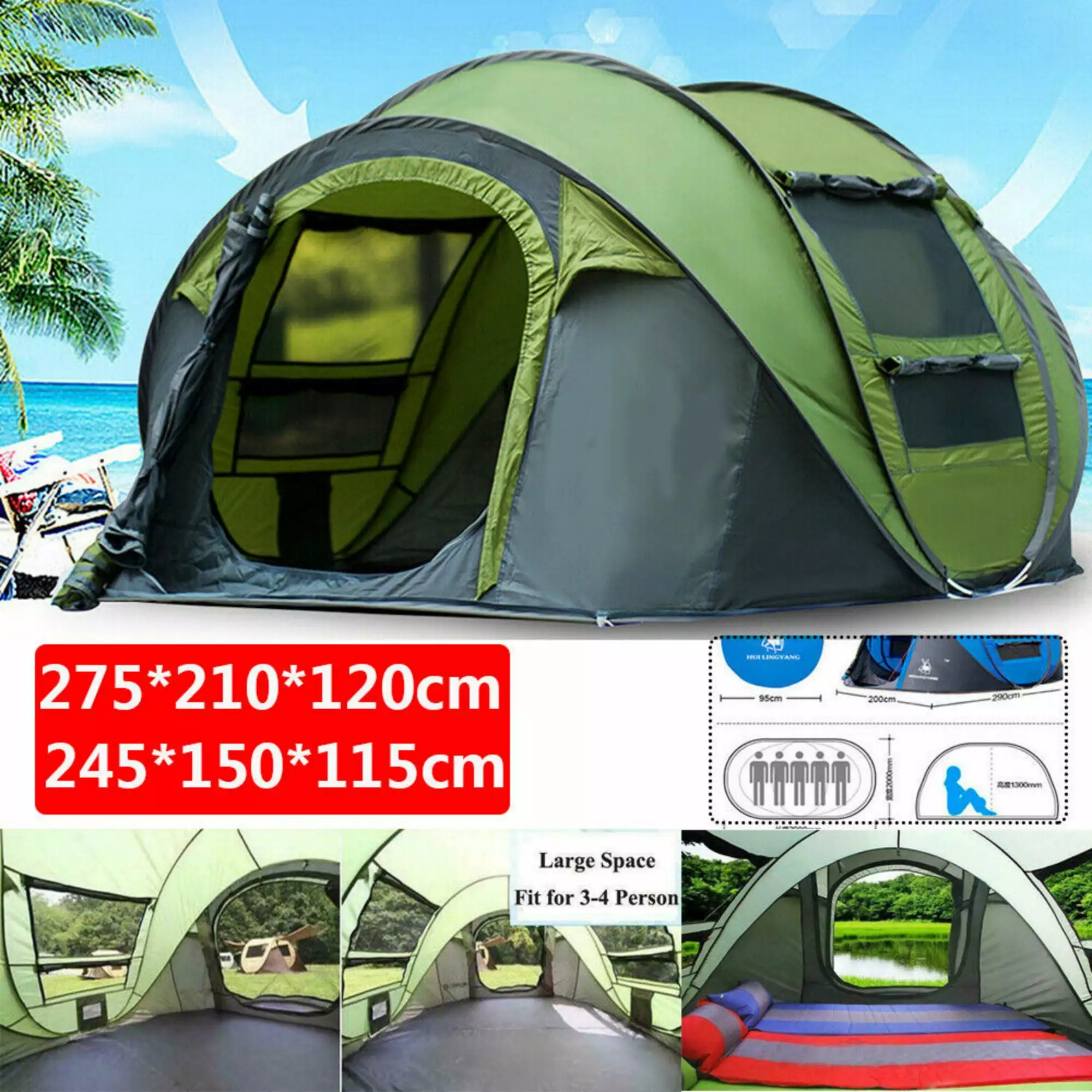 KingShop 2-6 Person Automatic Pop Up Tent Waterproof Outdoor Large Hiking Tent 245150115cm