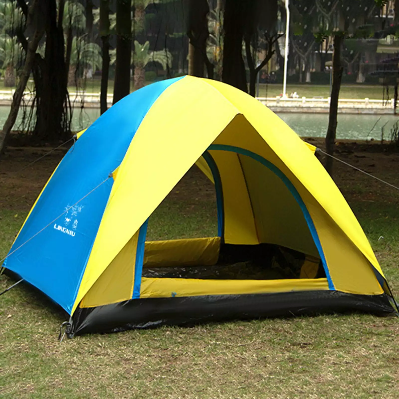 PTJKU Double Tent Camping Tent 3-4 People Outdoor Beach Rain Proof Fishing Easy Setup Yellow As