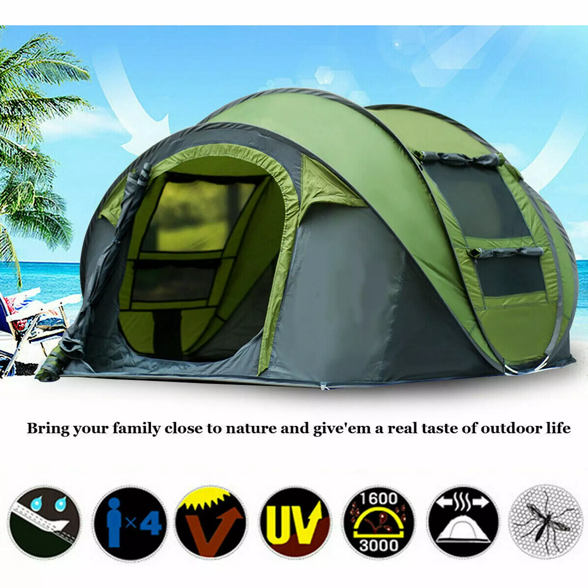 2-6 Person Camping Automatic Pop Up Tent Waterproof Outdoor Large Hiking Tent 245x150x115cm