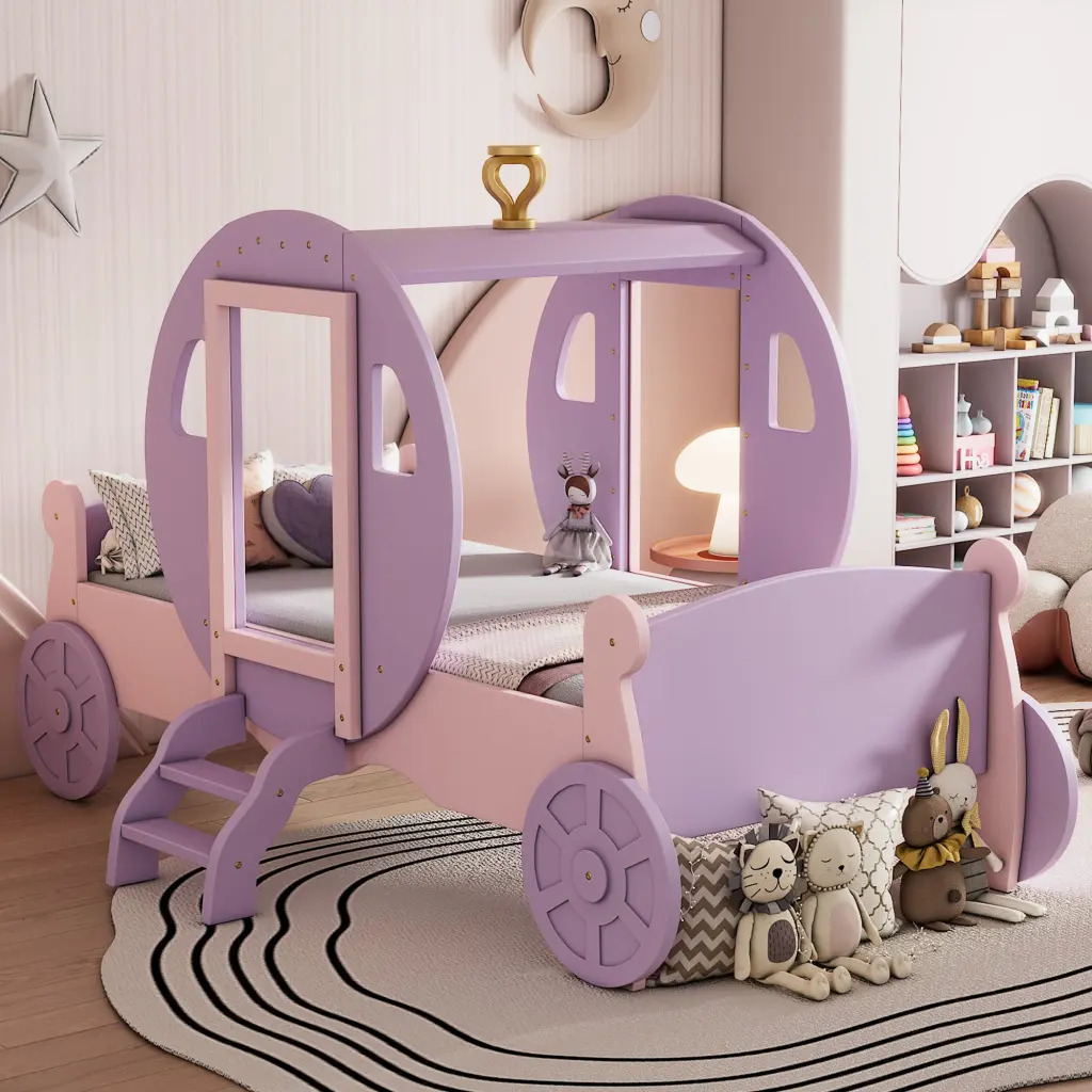 Twin Size Princess Carriage Bed Crown Wood Platform Car Bed homey life