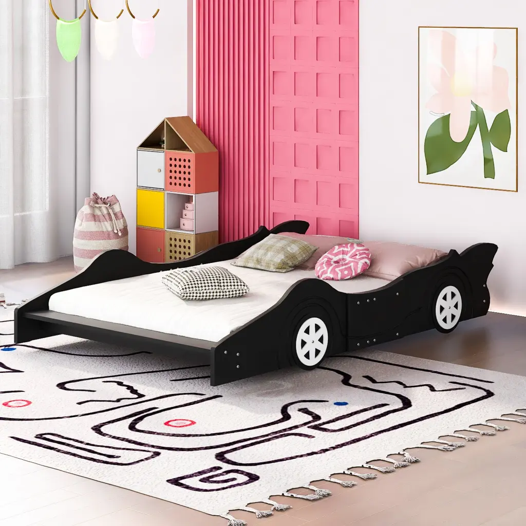 Black Full Dimensions Race Car Platform Bed Wheels Black Plywood lucky furniture