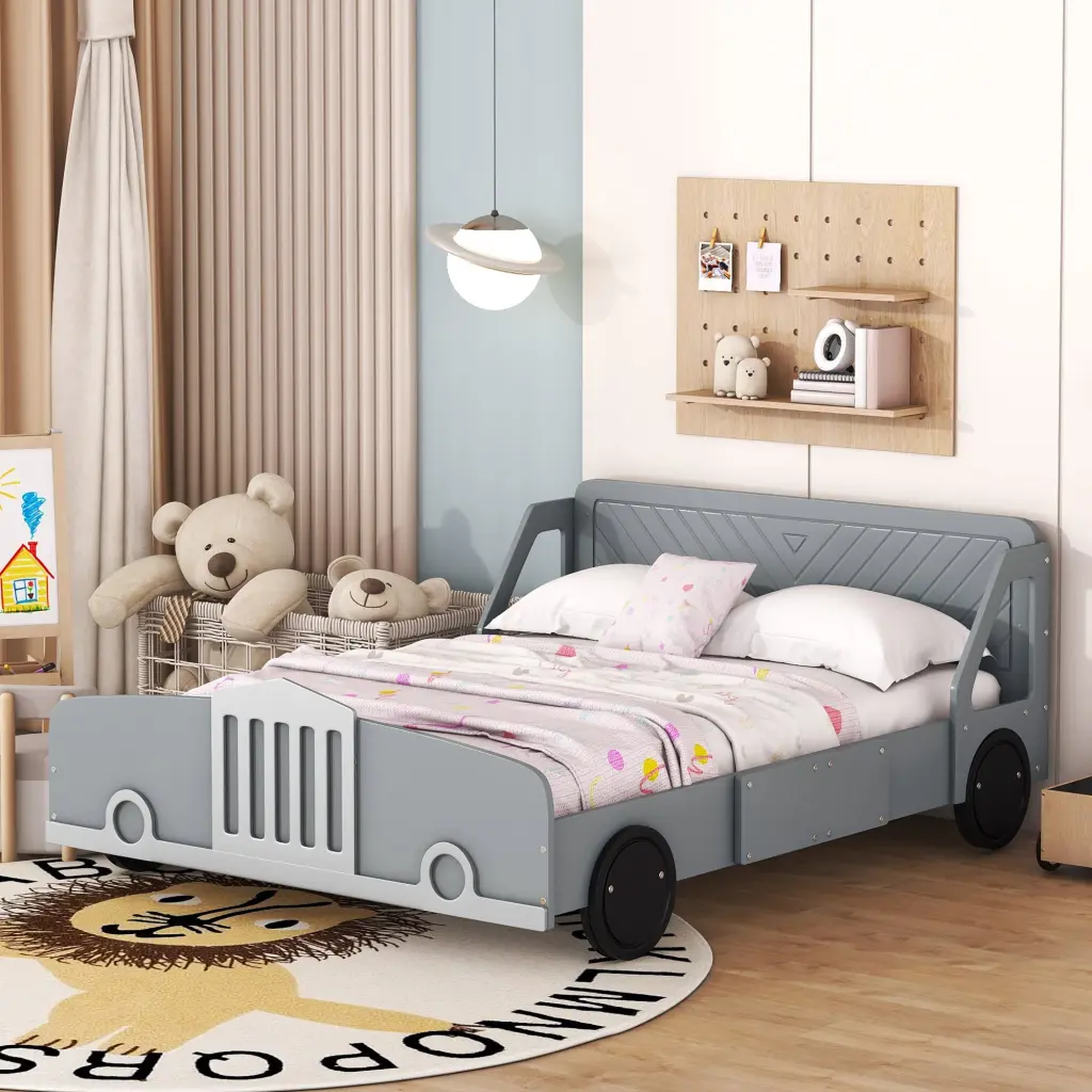 Full Dimensions Car Shaped Platform Bed Wheels Gray Plywood lucky furniture