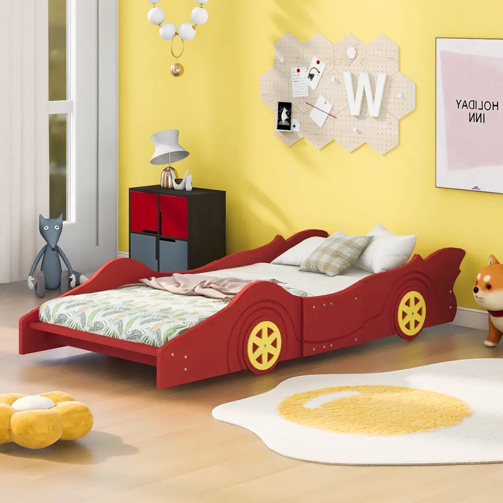 Twin Dimensions Race Car Influenced Platform Bed Wheels Red Plywood lucky furniture