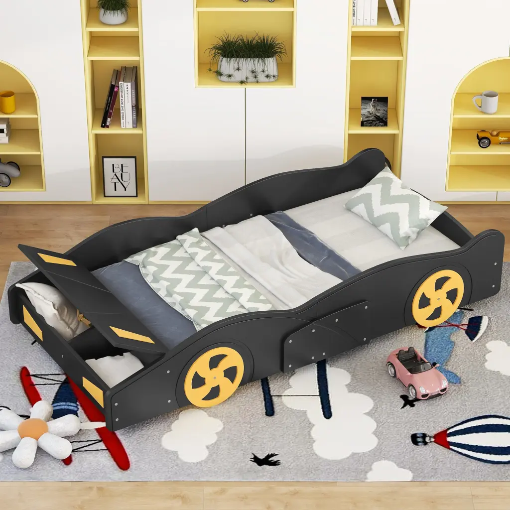 Twin Size Race Car Platform Bed Wheels and Storage Black Finish wm store
