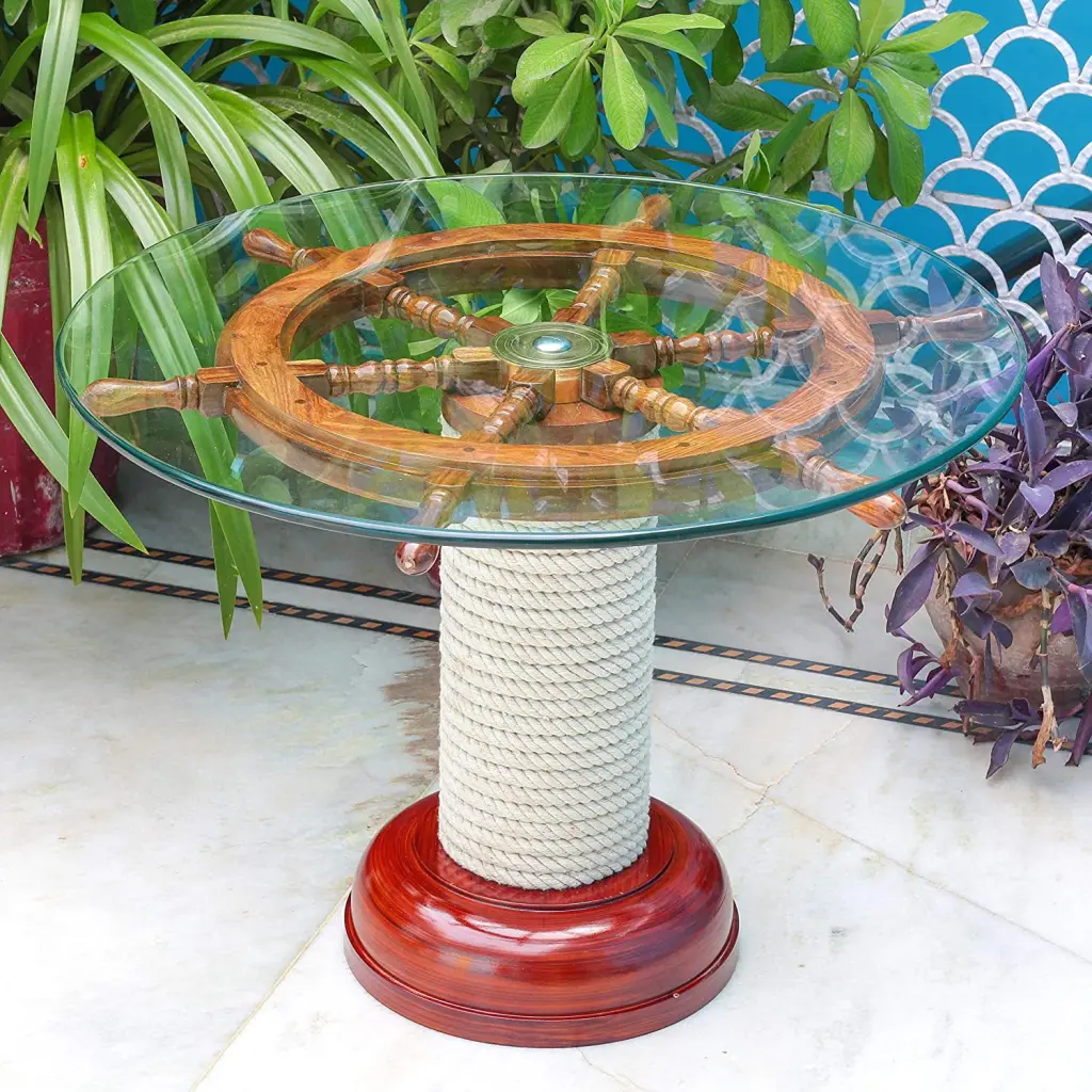Nagina International Nautical Wood Crafted Coffee Table Ship Wheel and Glass Top