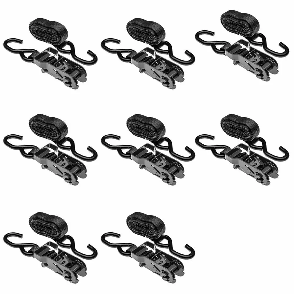1in x 10' Black Ratchet Straps S-Hooks - Pack 8 Heavy Duty Tie Downs Cargo Transport 4