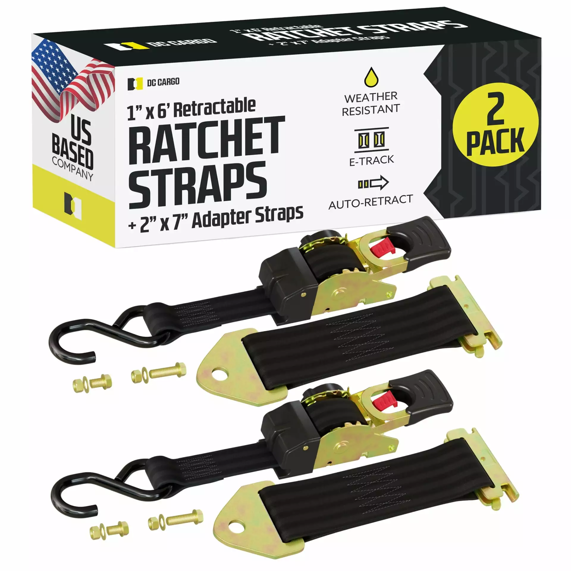 DC Cargo Auto Retract Ratchet Straps 1x6' Bolt-on or E Track S Hook 2-Pack 1
