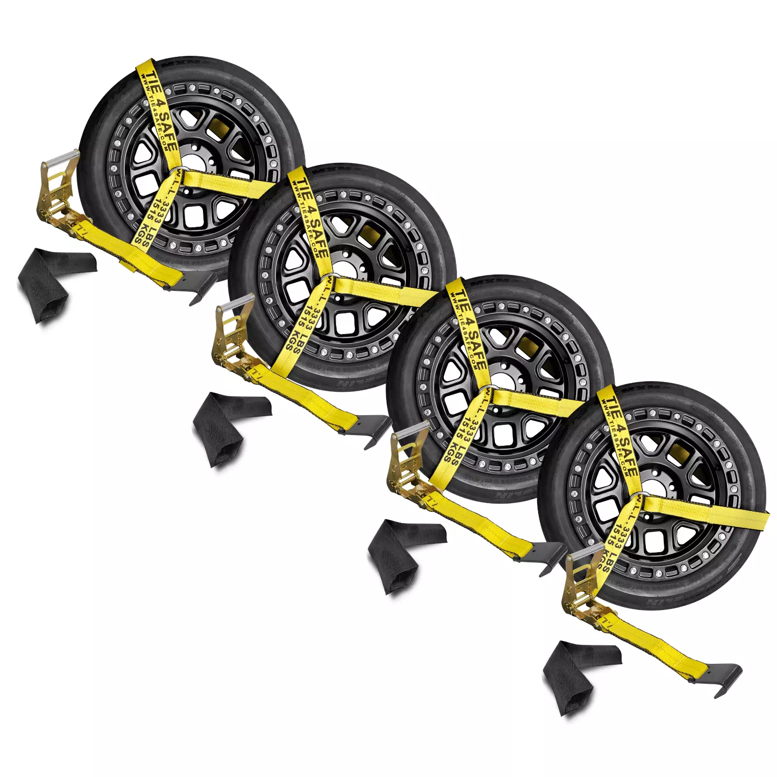 Mega Cargo Control USA 4 Pack 2 x 10' Side Mount Wheel Net Tie Down Ratchet Lasso Strap Flat Hook 3333 lbs WLL Yellow