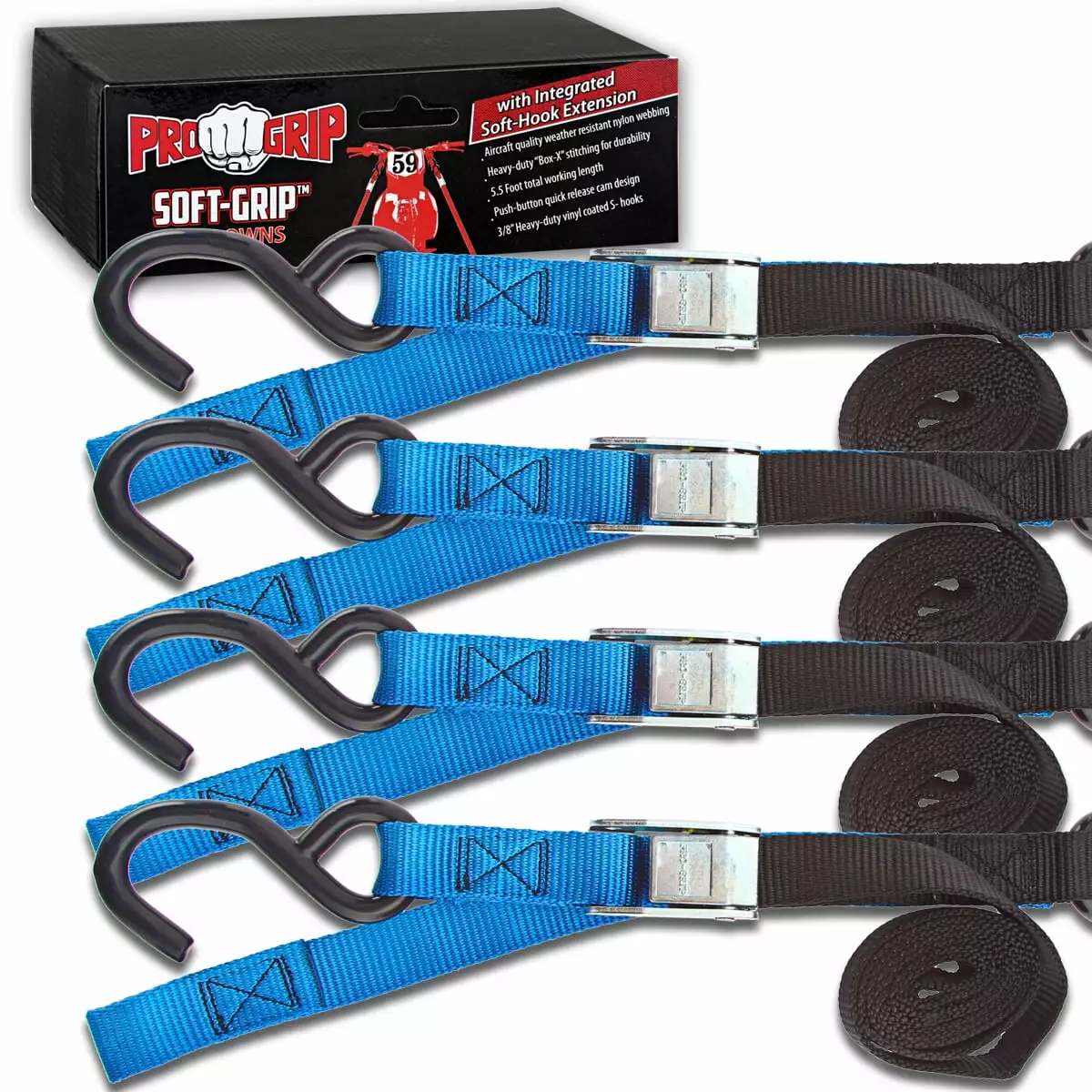 Progrip Powersports Motorcycle Soft Loop Tie Down Straps 4 Pack Lab Tested Heavy Duty Blue