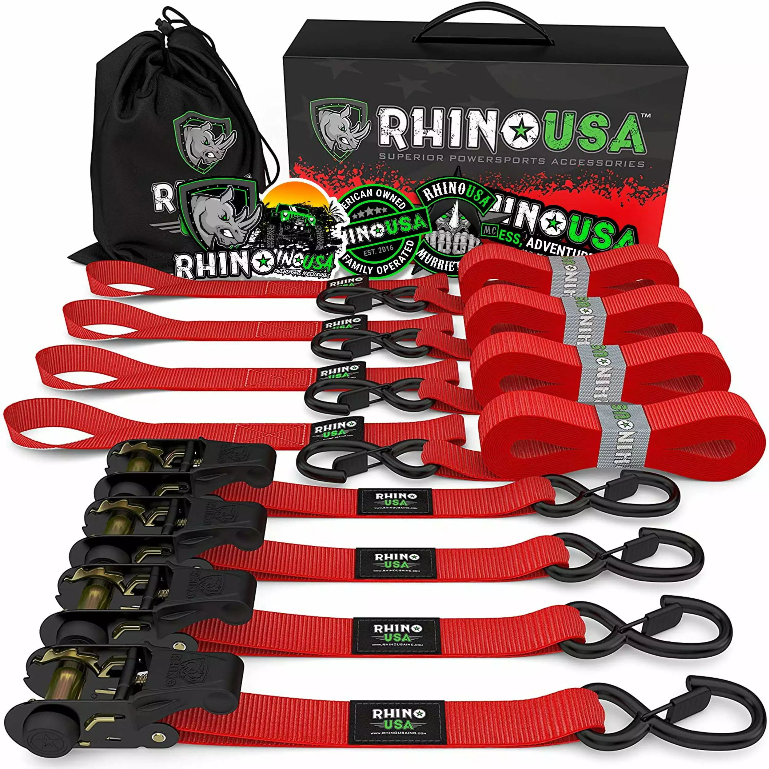 Rhino USA 15ft HD Ratchet Tie Down Set 4 Pack 1823lb Max Break Strength Heavy Duty