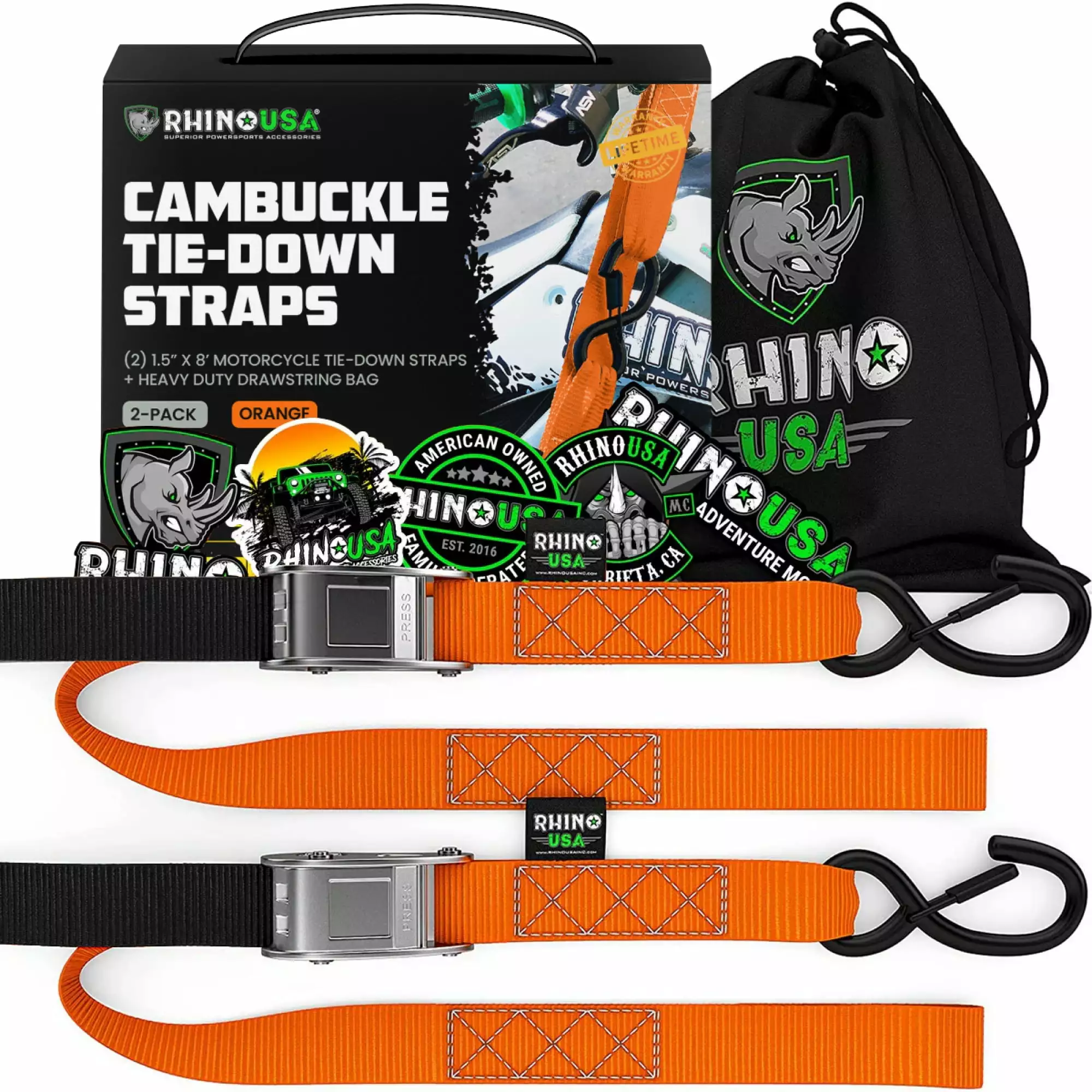 Rhino USA 1.5 x 8' Cambuckle Tie-Down Straps 2-Pack 3.328lbs Break Strength 2