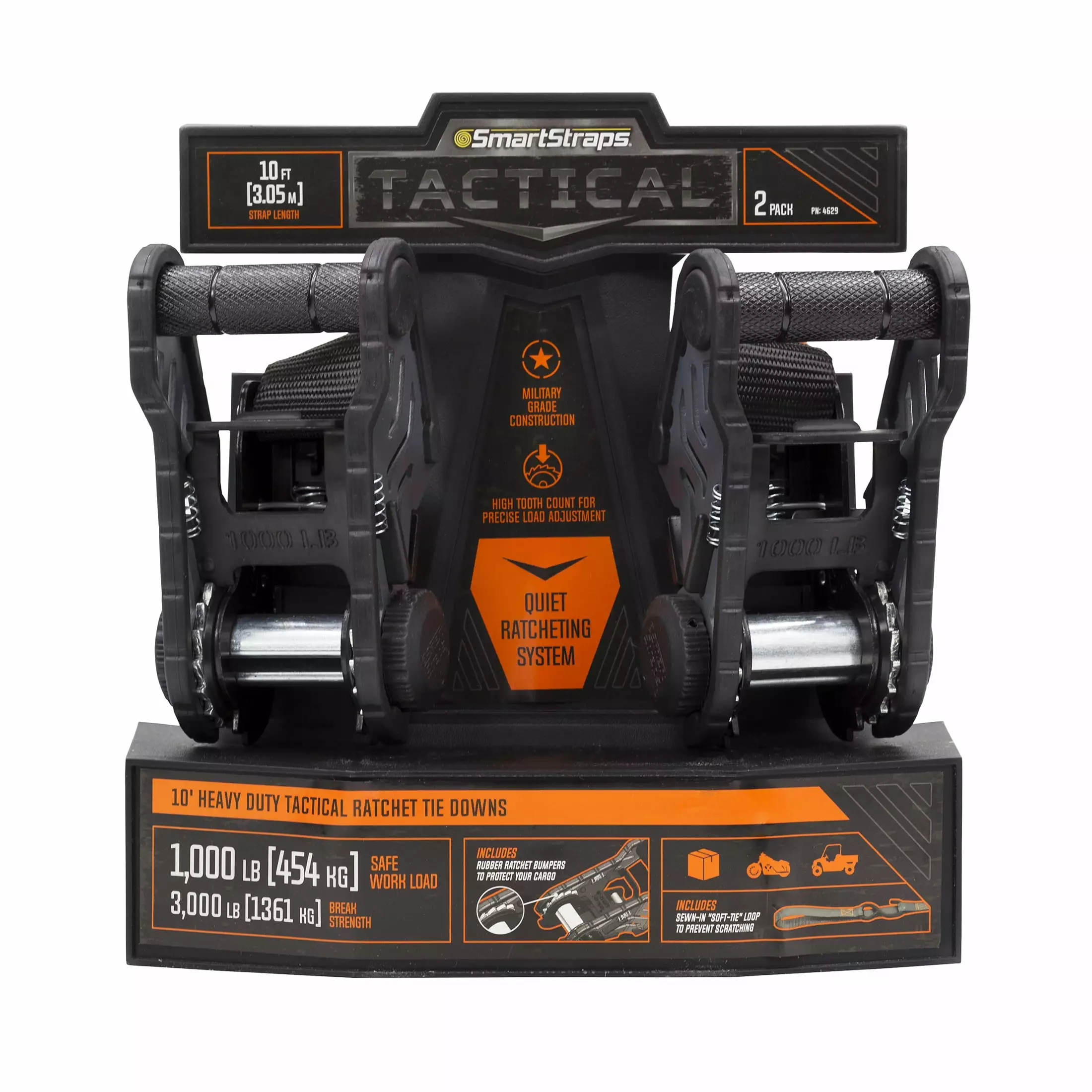 SmartStraps 1-1/4 x 10 ft Orange Tactical Heavy Duty Ratchet Tie Down Straps 2 Pack 1000 lb Safe Work Load 1