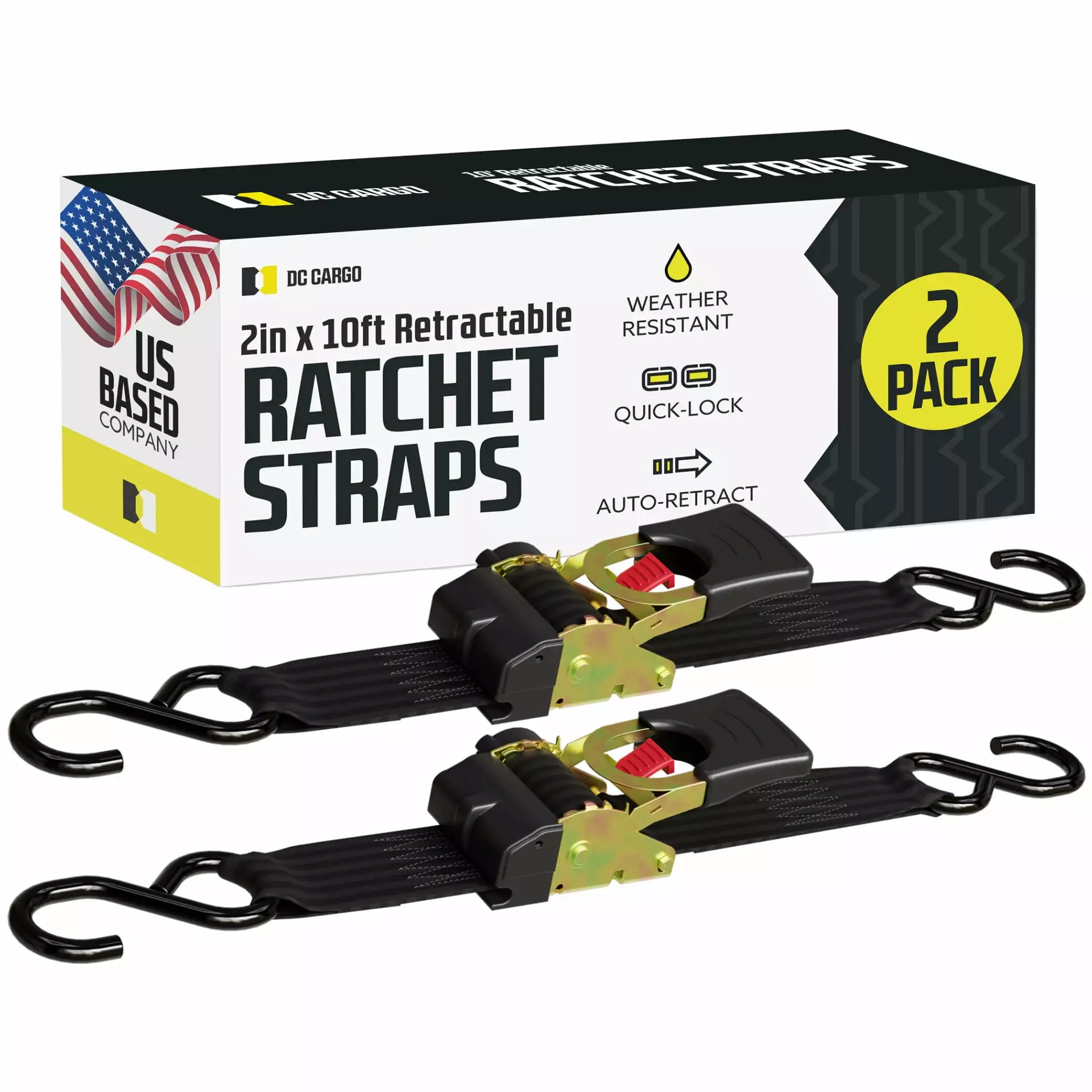 DC Cargo Retractable Ratchet Straps Hooks 2x10 Feet 2 Pack 2