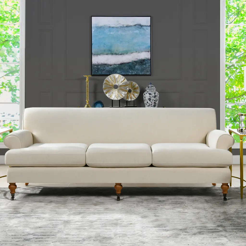 Alana Lawson Three Cushion Tightback Sofa Light Beige Linen Fabric Living Room Furniture jennifer taylor home