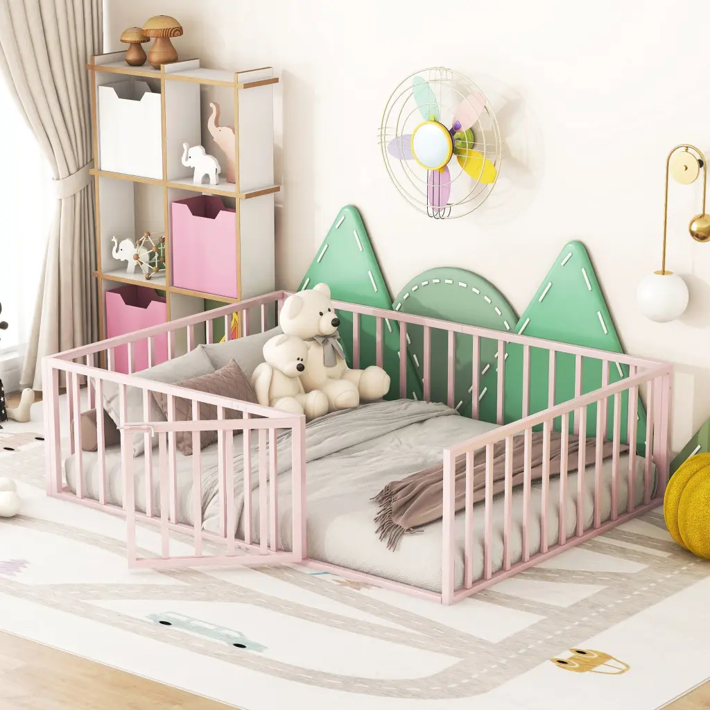 Pink Full Size Metal Floor Bed Frame Fence and Door - Kids Safety Bed lucky world