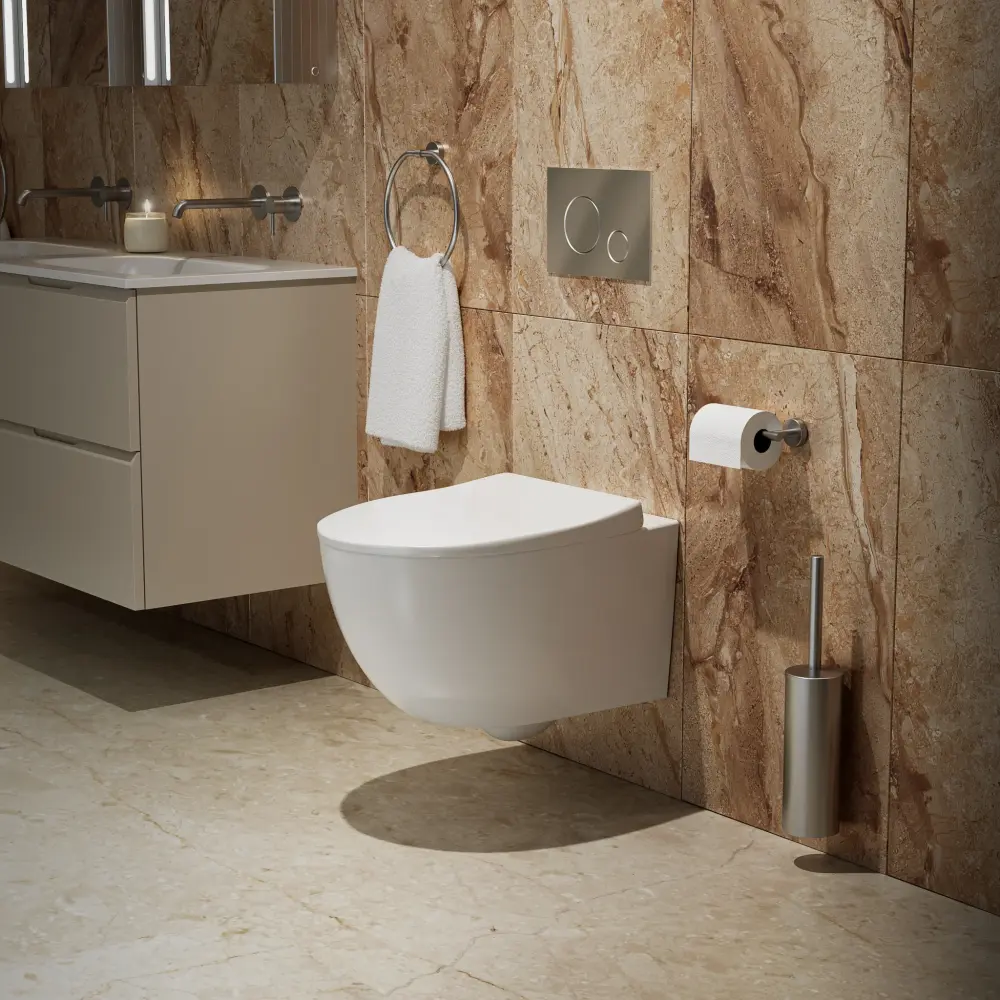 Primo Dolce Wall Hung Rimless Toilet, Concealed Cistern Frame & Brushed Alloy Effect Flush Plate