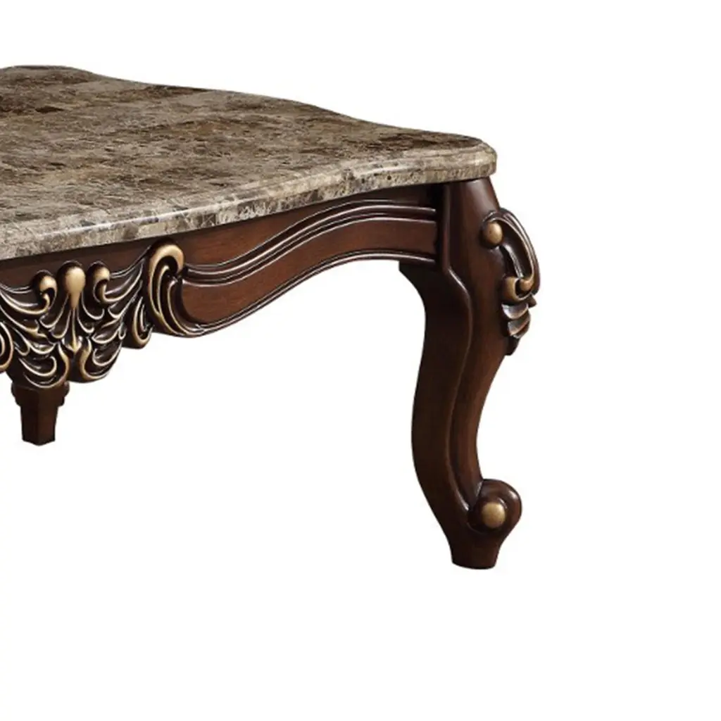Benzara Traditional Rectangular Wood and Marble Coffee Table Brown Finish