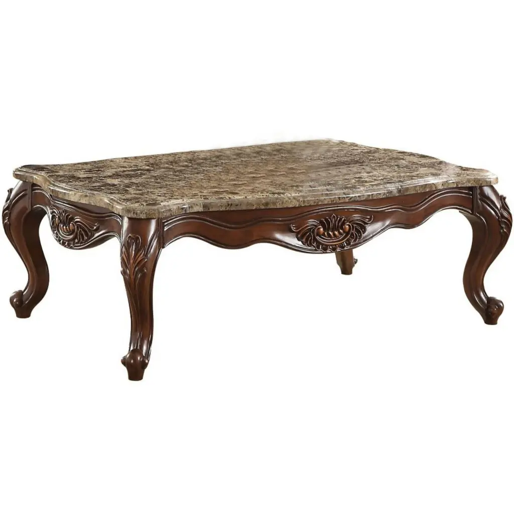 Benzara Traditional Style Rectangular Marble and Wooden Coffee Table Rich Brown Finish