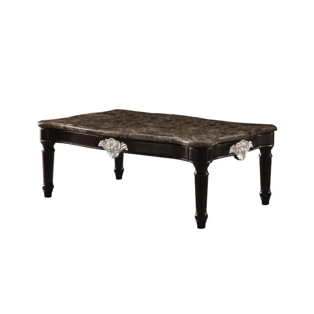 Traditional Rectangular Marble and Wood Coffee Table Brown Benzara