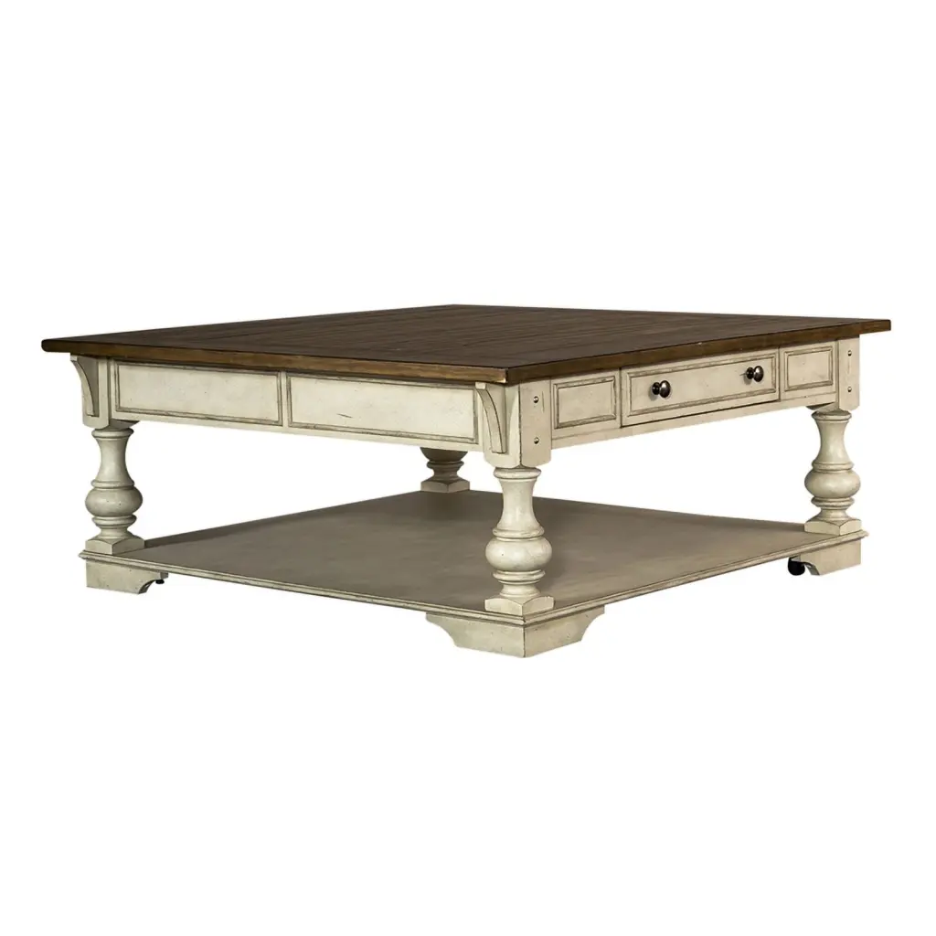 Bowery Hill Traditional Square Cocktail Table Drawer Antique White