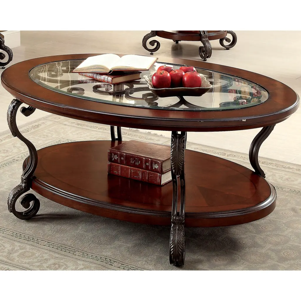 Denhour Cienna Traditional Brown Cherry 48-inch Glass Top Coffee Table Scrolled Metalwork