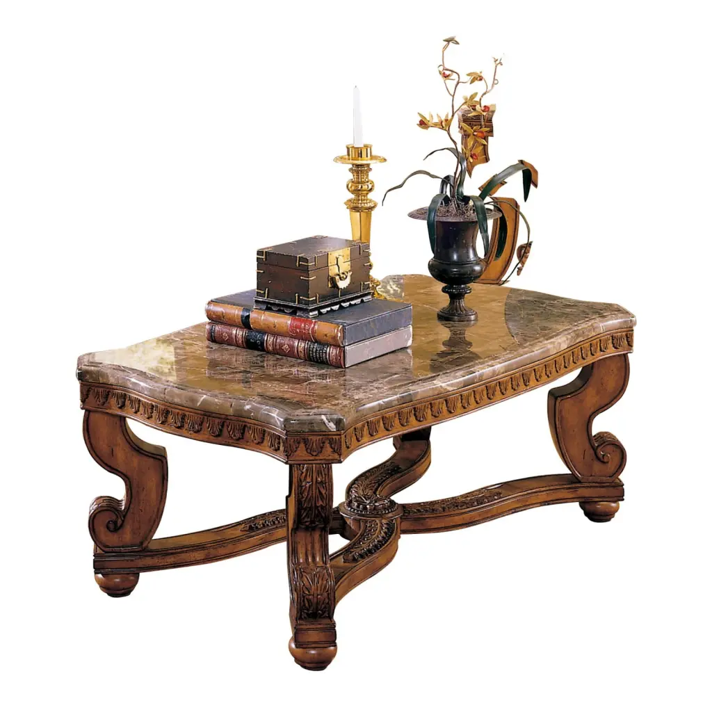 Miekor Furniture Traditional Burnished Brown Cherry Finish Cocktail Table Beveled Marble Top