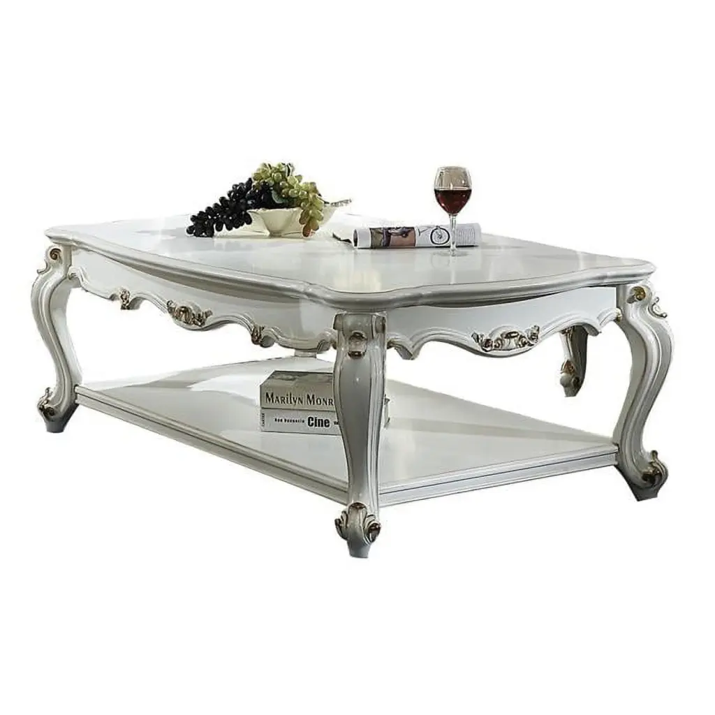 Traditional Style Wooden Coffee Table Polyresin Carvings and Bottom Shelf White 20.47 x 35.83 x 54.72 Newestedition