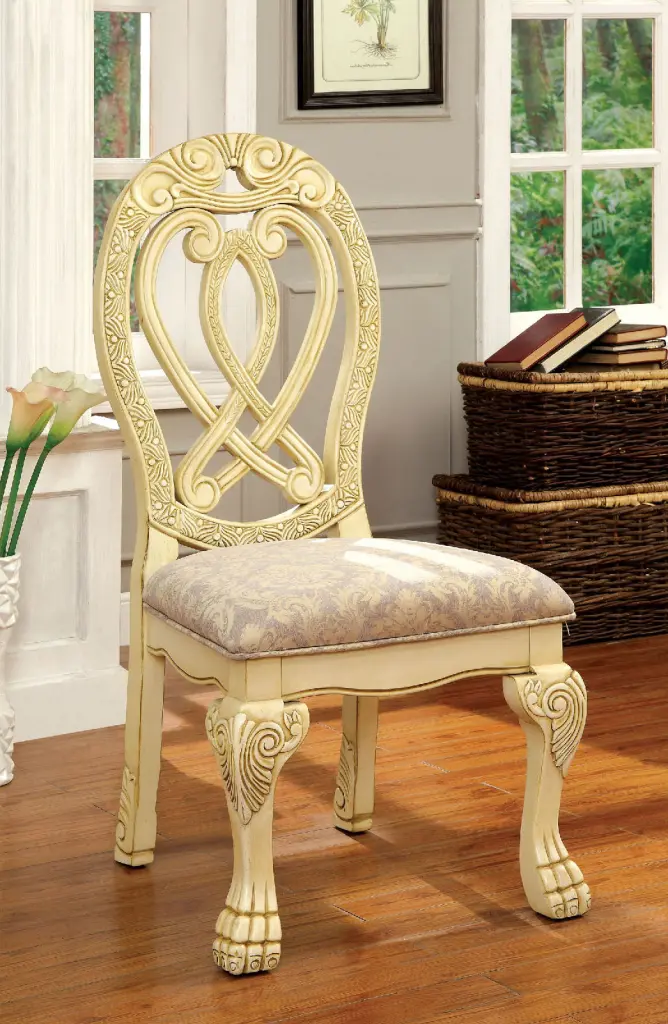 Formal Majestic Traditional Dining Chairs Vintage White Solid Wood Fabric Seats kanepe
