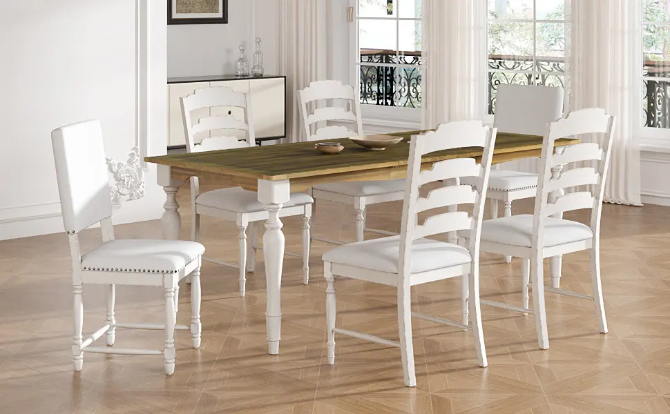 Vintage Traditional 7 Piece 82.7Inch Extendable Dining Table Set Chairs rnb