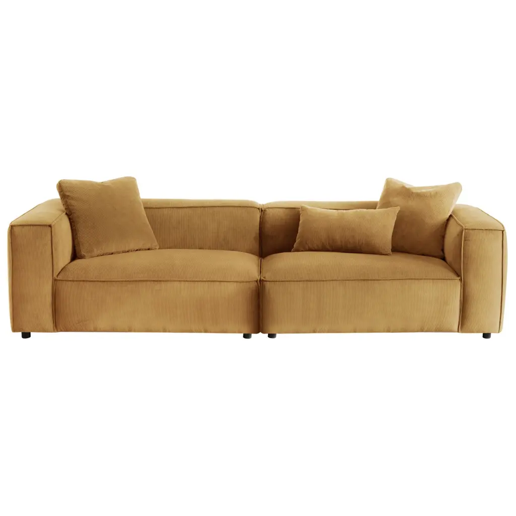 Conner 110 Inch Cognac Corduroy Sofa Antique Yellow Wood Frame ashcroft furniture