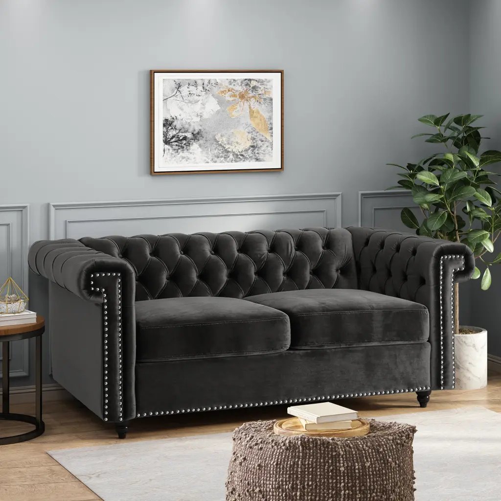 Black Wood Tufted Back American Traditional Seat Sofa Primary Living Space