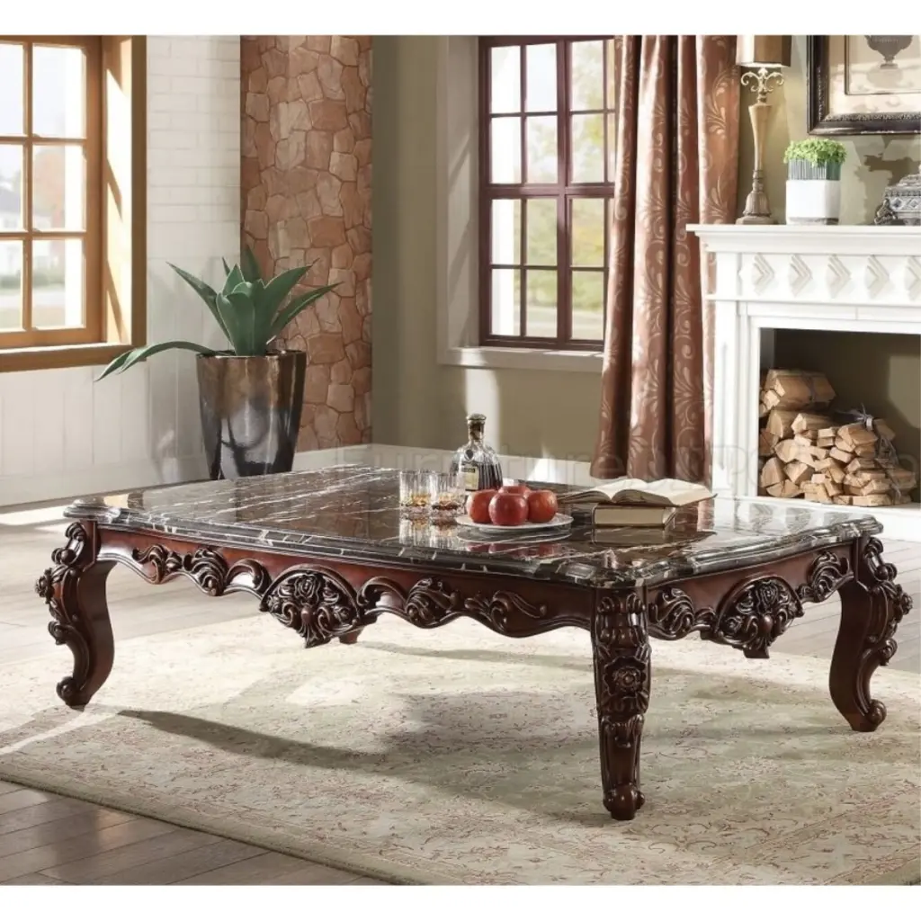 Traditional Style Rectangular Wood and Marble Coffee Table Walnut Brown Benzara